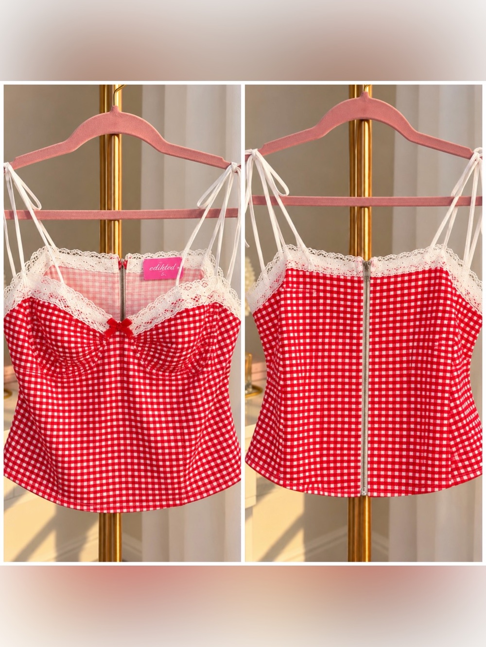 Edikted Red Gingham Lace-Trim Cami